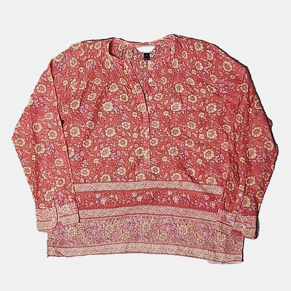 J Crew Voile Popover Top Coral Yellow Floral Cotton Long Sleeve Split Neck‎ 0